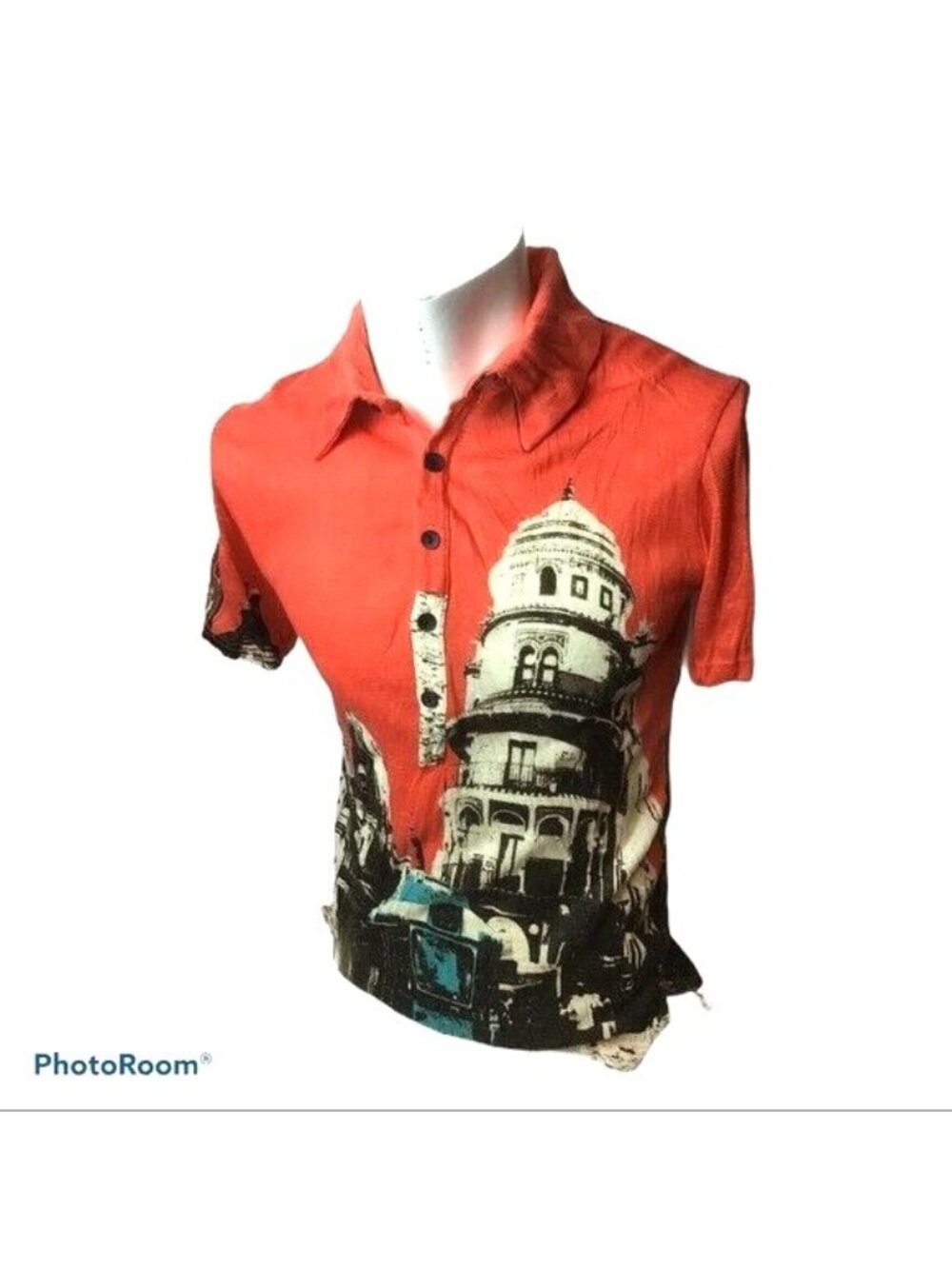 Mens Orange Short Sleeve Shirt With Cityscape Print*Urban Design Button Closure